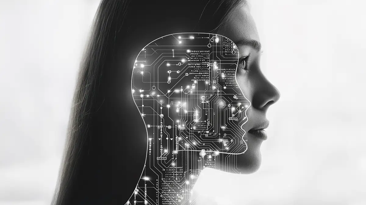 Visage de femme fusionné avec un circuit imprimé, illustrant l'impact de l’intelligence artificielle sur les compétences humaines
