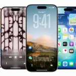 Interface d’iOS 26 affichée sur cinq iPhone, illustrant les nouvelles fonctions visuelles et interactives du système