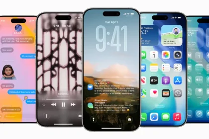Interface d’iOS 26 affichée sur cinq iPhone, illustrant les nouvelles fonctions visuelles et interactives du système