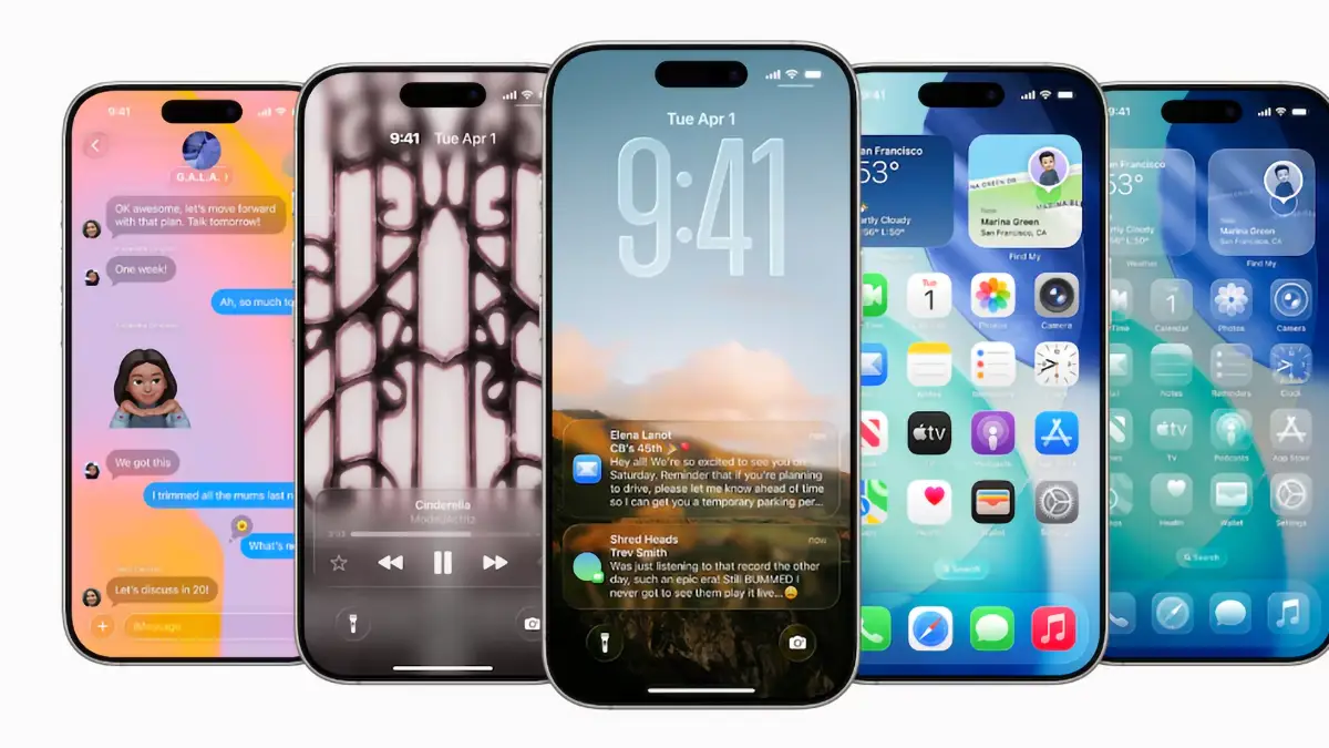 Interface d’iOS 26 affichée sur cinq iPhone, illustrant les nouvelles fonctions visuelles et interactives du système