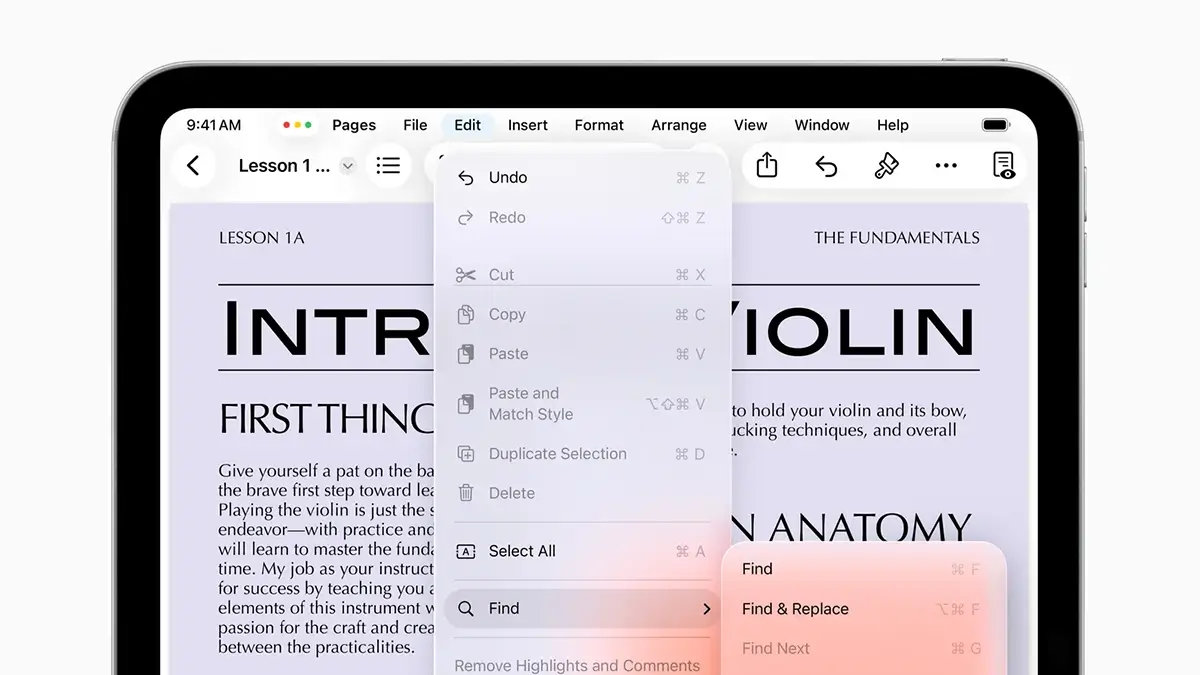 Nouvelle barre de menus flottante affichée sur iPadOS 26 pendant l’édition d’un document