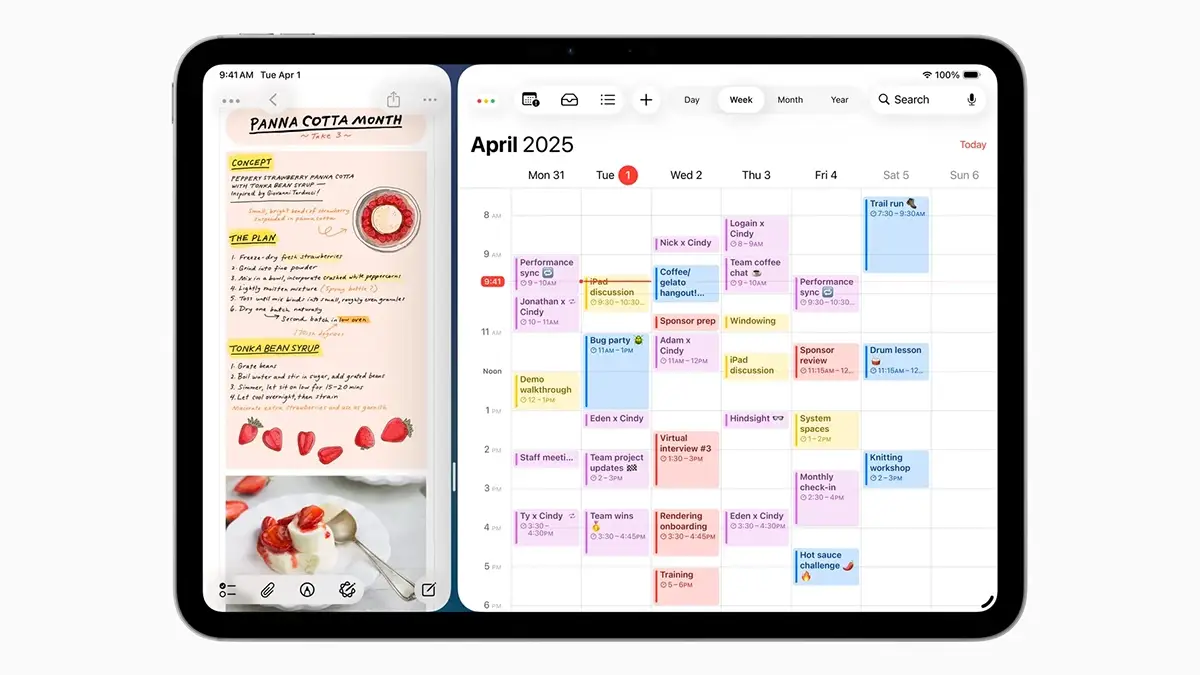 Affichage côte à côte de deux applications sur iPadOS 26 : calendrier et note de recette