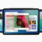 Trois iPads montrant les nouvelles fonctions multitâches et interface d’iPadOS 26