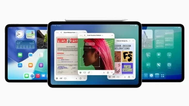 Trois iPads montrant les nouvelles fonctions multitâches et interface d’iPadOS 26