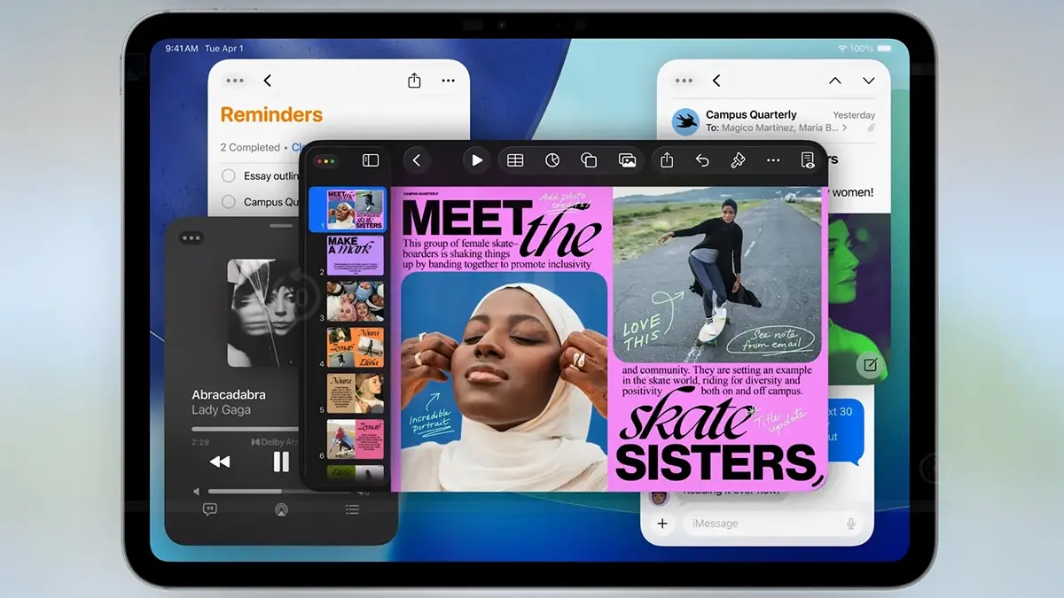 Écran d’iPadOS 26 affichant plusieurs fenêtres ouvertes pour illustrer le multitâche