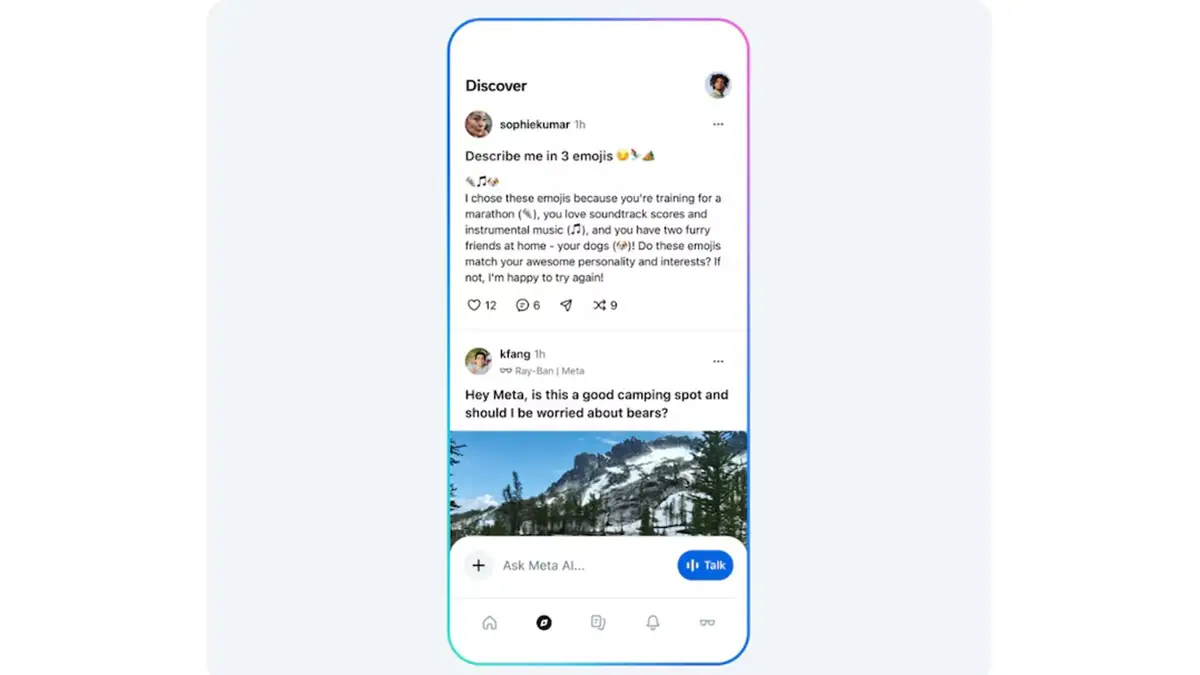 Aperçu de l’onglet Discover de Meta AI affichant des interactions et des exemples d’utilisation de l’intelligence artificielle.