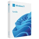 Boîte officielle de Windows 11 Famille avec le logo Microsoft et une illustration abstraite en bleu