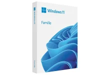 Boîte officielle de Windows 11 Famille avec le logo Microsoft et une illustration abstraite en bleu