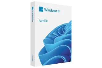 Boîte officielle de Windows 11 Famille avec le logo Microsoft et une illustration abstraite en bleu