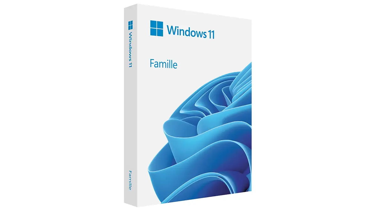 Boîte officielle de Windows 11 Famille avec le logo Microsoft et une illustration abstraite en bleu