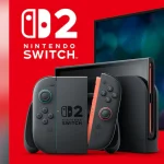 Console Nintendo Switch 2 noire avec Joy-Con et station d’accueil, présentée sur fond rouge aux couleurs de la marque.