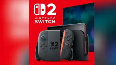 Console Nintendo Switch 2 noire avec Joy-Con et station d’accueil, présentée sur fond rouge aux couleurs de la marque.