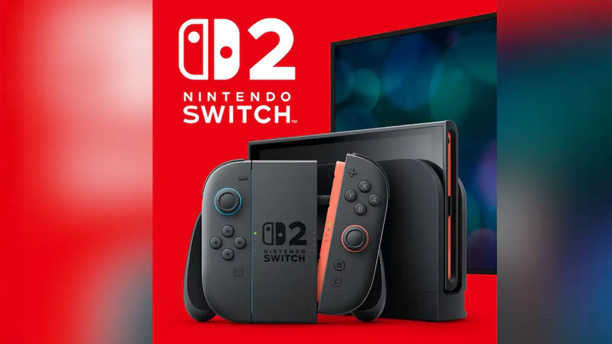 Console Nintendo Switch 2 noire avec Joy-Con et station d’accueil, présentée sur fond rouge aux couleurs de la marque.