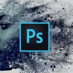 Visuel conceptuel du logo Photoshop sur fond de visage pixelisé, illustrant l’arrivée de l’application sur Android