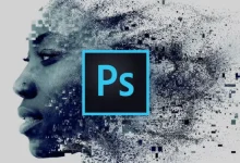 Visuel conceptuel du logo Photoshop sur fond de visage pixelisé, illustrant l’arrivée de l’application sur Android