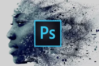Visuel conceptuel du logo Photoshop sur fond de visage pixelisé, illustrant l’arrivée de l’application sur Android