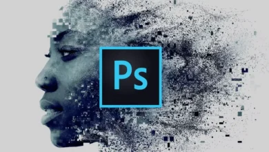 Visuel conceptuel du logo Photoshop sur fond de visage pixelisé, illustrant l’arrivée de l’application sur Android