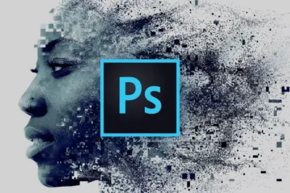 Visuel conceptuel du logo Photoshop sur fond de visage pixelisé, illustrant l’arrivée de l’application sur Android