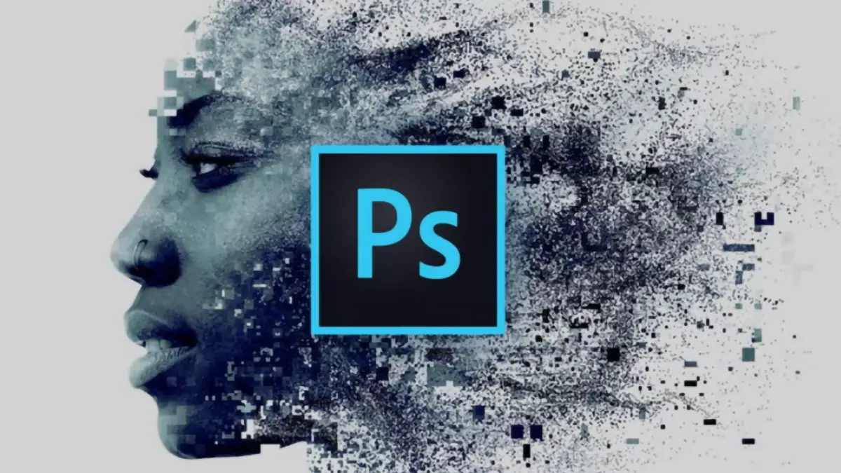 Visuel conceptuel du logo Photoshop sur fond de visage pixelisé, illustrant l’arrivée de l’application sur Android