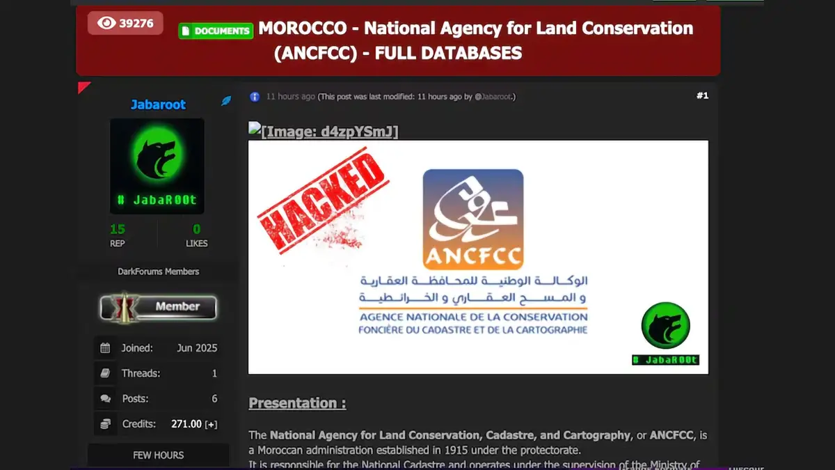 Annonce du piratage présumé de l’ANCFCC par le groupe Jabaroot DZ sur un forum cybercriminel