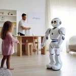 Un robot humanoïde interactif fait face à une fillette dans un salon, sous le regard d’un adulte et d’une autre enfant.
