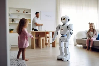 Un robot humanoïde interactif fait face à une fillette dans un salon, sous le regard d’un adulte et d’une autre enfant.
