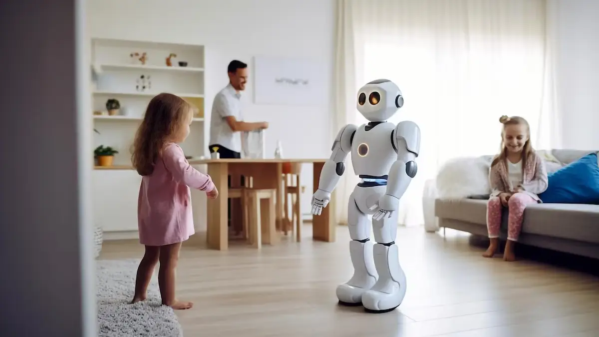 Un robot humanoïde interactif fait face à une fillette dans un salon, sous le regard d’un adulte et d’une autre enfant.
