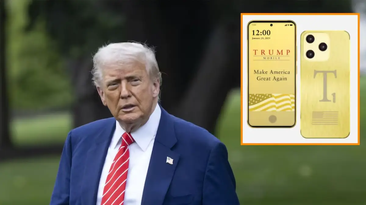 Donald Trump en extérieur avec, en encart, le T1 Phone doré affichant le slogan Make America Great Again