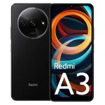 Smartphone Xiaomi Redmi A3 noir affiché de face et de dos, écran allumé