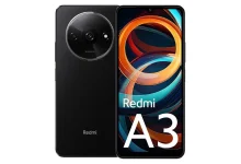 Smartphone Xiaomi Redmi A3 noir affiché de face et de dos, écran allumé