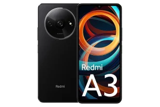 Smartphone Xiaomi Redmi A3 noir affiché de face et de dos, écran allumé
