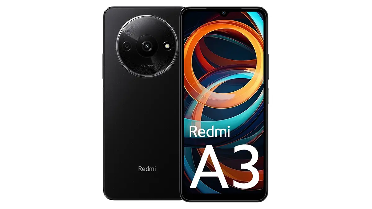 Smartphone Xiaomi Redmi A3 noir affiché de face et de dos, écran allumé