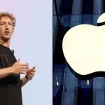 Mark Zuckerberg sur scène et logo lumineux d’Apple sur une façade vitrée