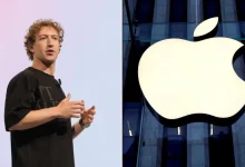 Mark Zuckerberg sur scène et logo lumineux d’Apple sur une façade vitrée