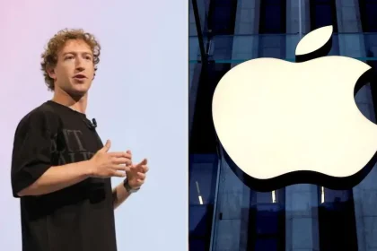 Mark Zuckerberg sur scène et logo lumineux d’Apple sur une façade vitrée
