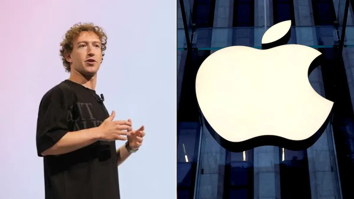 Mark Zuckerberg sur scène et logo lumineux d’Apple sur une façade vitrée