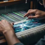 Une personne tisse un motif numérique lumineux symbolisant un réseau algorithmique