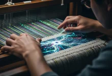 Une personne tisse un motif numérique lumineux symbolisant un réseau algorithmique
