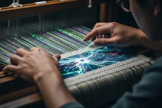 Une personne tisse un motif numérique lumineux symbolisant un réseau algorithmique