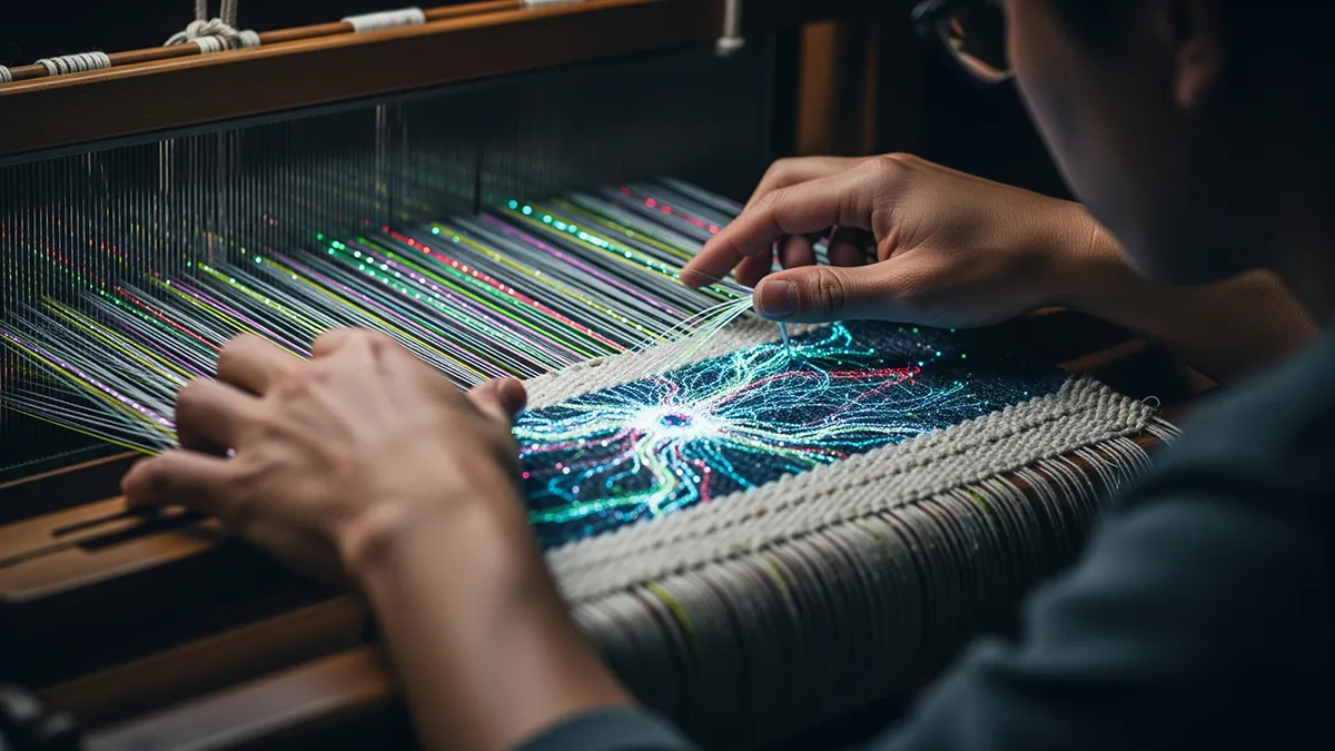 Une personne tisse un motif numérique lumineux symbolisant un réseau algorithmique