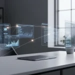 Espace de travail moderne avec des interfaces d'outils IA flottantes illustrant un flux de travail intelligent en 2025.
