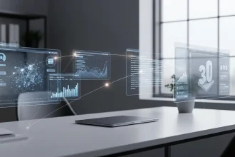 Espace de travail moderne avec des interfaces d'outils IA flottantes illustrant un flux de travail intelligent en 2025.