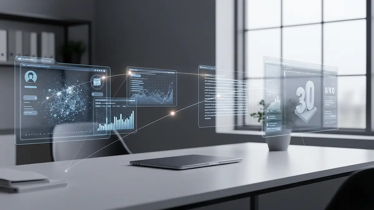Espace de travail moderne avec des interfaces d'outils IA flottantes illustrant un flux de travail intelligent en 2025.