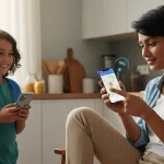 Parent vérifie la localisation GPS de son enfant sur smartphone Android dans une cuisine familiale.