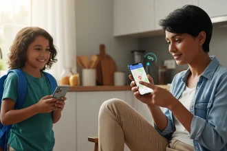 Parent vérifie la localisation GPS de son enfant sur smartphone Android dans une cuisine familiale.