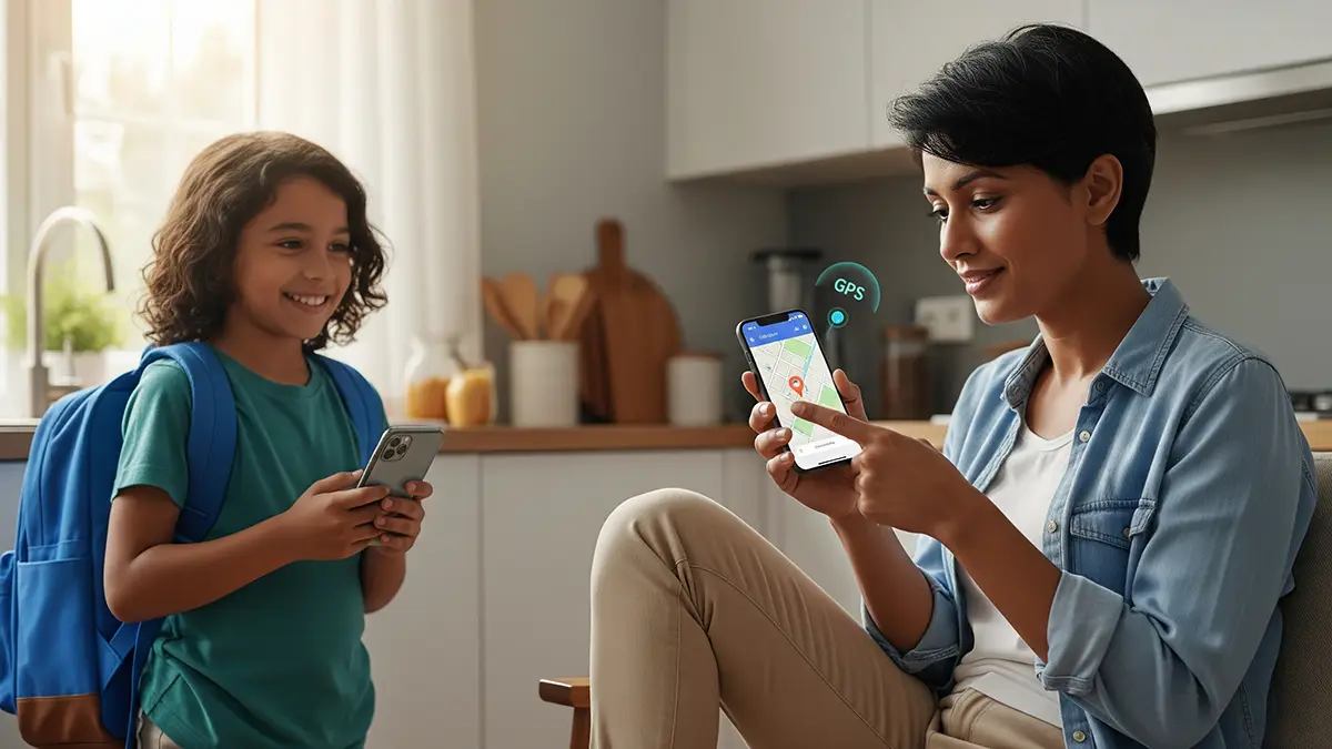Parent vérifie la localisation GPS de son enfant sur smartphone Android dans une cuisine familiale.