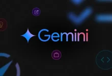 Logo de l'intelligence artificielle Gemini de Google sur fond sombre avec des icônes de fonctionnalités.