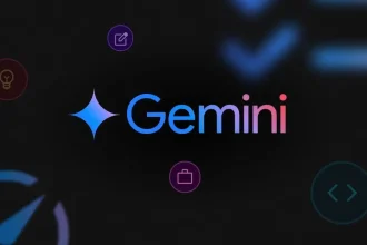 Logo de l'intelligence artificielle Gemini de Google sur fond sombre avec des icônes de fonctionnalités.