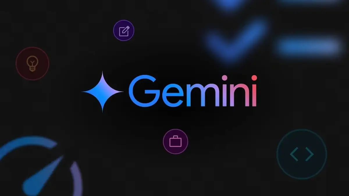 Logo de l'intelligence artificielle Gemini de Google sur fond sombre avec des icônes de fonctionnalités.