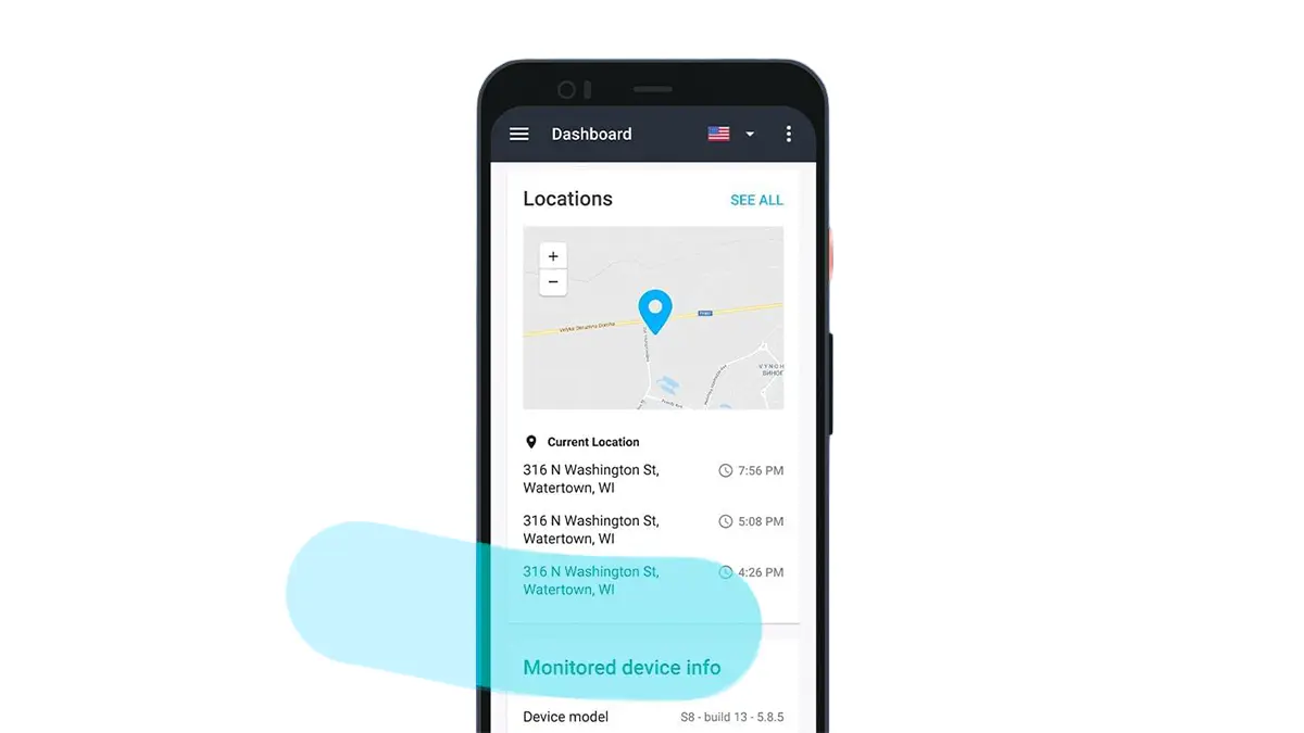 Capture d'écran de l'application mSpy montrant la fonction de suivi de localisation GPS avec un historique des positions.